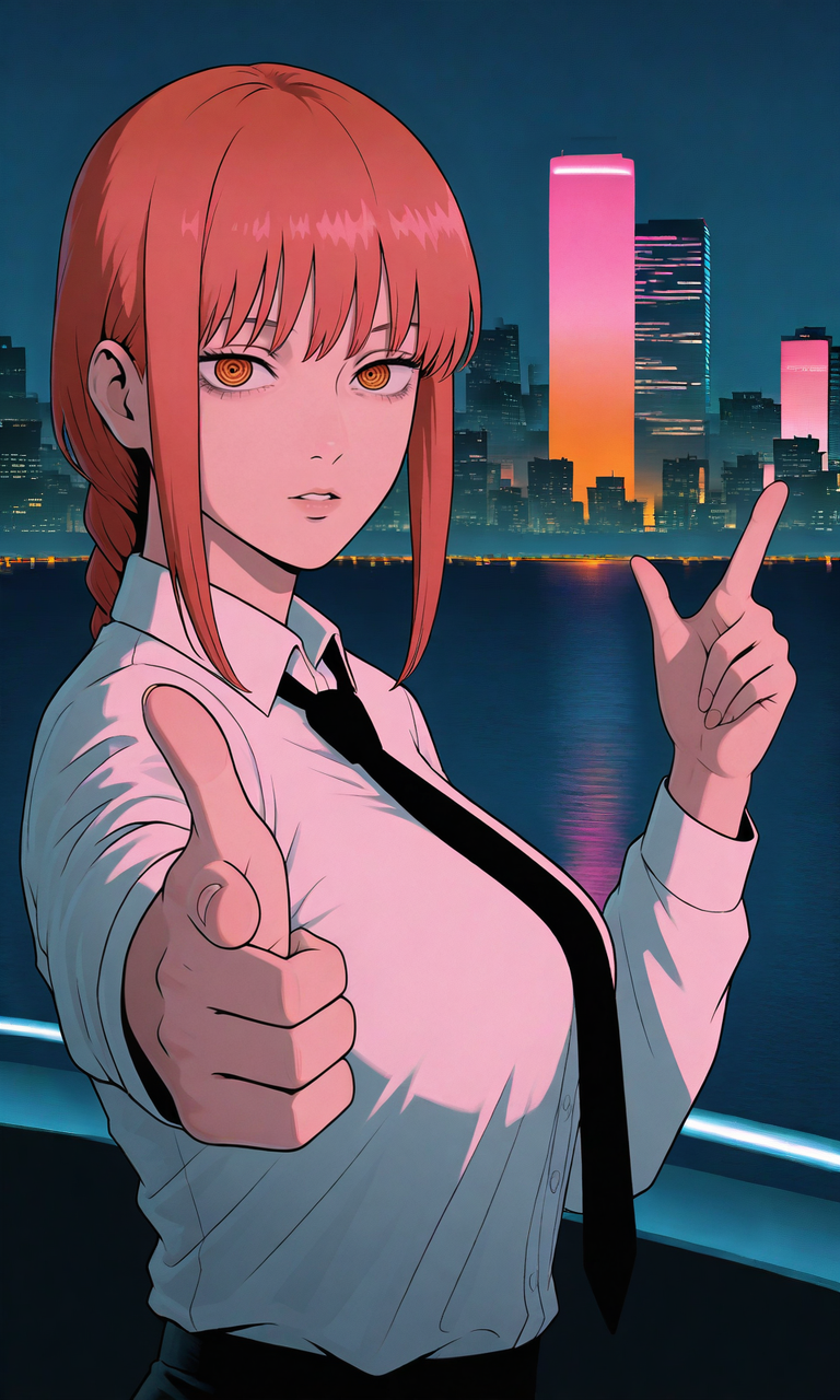 embedding:IllusP0s, GTAVC-LS-ILV1.0, makima_\(chainsaw_man\), ringed pupils, white shirt, black tie, contrast lighting, parted lips, outdoors, finger gun, pointing, night, city, miami, synthwave, pink hue, orange hue, blue hue,<lora:GTA_Vice_City_Loading_Style-000014.safetensors:1.0:1.0>