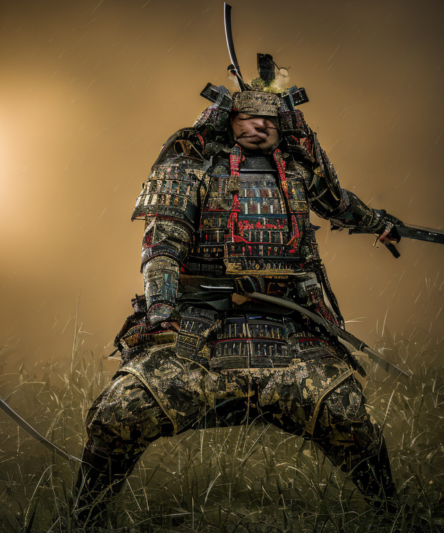 SFW, realistic photo,full body, male focus, strongman, wrestler, overweight, samurai, fat man, mid bear, Japanese mage, FanRu,at the battlefield of ruin in deep forest, midnight, at night, break,
dumpling nose, thick lips, narrow eyes, puffy cheeks, huge Japanese man, 65 years old, a man is fighting on the battlefield with sword in hand,
He holds his sword in both hands and holds it in front of him, ((wearing samurai armor, full armor)). break, 2 legs, 2 arms, thick arms, thick legs, thick neck, 
from below, dynamic angle shot, best quality, ultra extreme detail, hyper extreme detailed face, hyper detailed eyes, 8K, UHD, raw photo
 <lora:ä¸­å¹´èç:0.6> <lora:FantasyRuins:1> <lora:samuraiLoraV01:1>