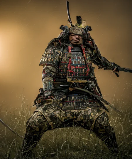 SFW, realistic photo,full body, male focus, strongman, wrestler, overweight, samurai, fat man, mid bear, Japanese mage, FanRu,at the battlefield of ruin in deep forest, midnight, at night, break,
dumpling nose, thick lips, narrow eyes, puffy cheeks, huge Japanese man, 65 years old, a man is fighting on the battlefield with sword in hand,
He holds his sword in both hands and holds it in front of him, ((wearing samurai armor, full armor)). break, 2 legs, 2 arms, thick arms, thick legs, thick neck, 
from below, dynamic angle shot, best quality, ultra extreme detail, hyper extreme detailed face, hyper detailed eyes, 8K, UHD, raw photo
 <lora:ä¸­å¹´èç:0.6> <lora:FantasyRuins:1> <lora:samuraiLoraV01:1>