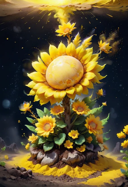 there is a strange plants and flower grow in the Venus soil, yellow environment, bloom, flowers bloom, yellow particles, yellow spark, surrounding by yellow dust, sun ray, yellow atmosphere, realistic, ultra-detailed, 8k, masterpiece, fantasy,Flora