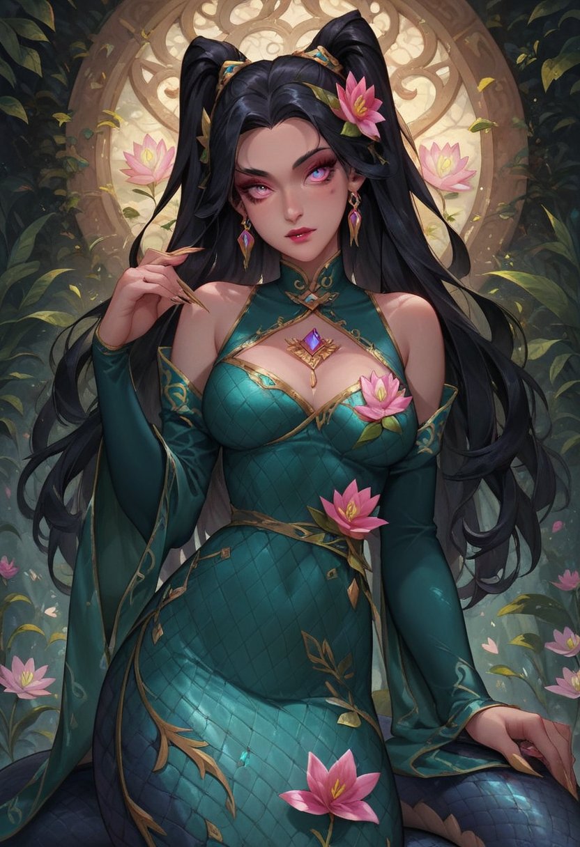 score_9, score_8_up, score_7_up, score_6_up, rating_safe,   
<lora:Prestige_Mythmaker_Cassiopeia:0.8>Mythmaker_Cassiopeia, twintails, very long hair, hair ornament, snake-like tail, lamia, snake eyes,
off-shoulder dress, neckline, sleeves, Chinese-style long green dress, lotus flower patterns, green shawl, earrings, flower on the chest, claws,
 <lora:g0th1cPXL:0.3> <lora:incase-ilff-v3-4:0.8> <lora:Concept Art Twilight Style SDXL_LoRA_Pony Diffusion V6 XL:0.3>, <lora:incase-ilff-v3-4:0.5> <lora:g0th1cPXL:0.45>  <lora:Expressive_H:1> <lora:princess_xl_v2:1> <lora:bigSaggyBreastsPony2:0.85>