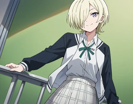 score_9, score_8_up, score_7_up, source_anime, <lora:mia-taylor-s2-ponyxl-lora-nochekaiser:1>, mia taylor, short hair, blonde hair, purple eyes, hair over one eye,, skirt, shirt, ribbon, school uniform, collared shirt, plaid, black shirt, neck ribbon, plaid skirt, white skirt, jacket, checkered skirt, nijigasaki academy school uniform,, indoors, smile, looking at viewer, solo,, cowboy shot, dutch angle
