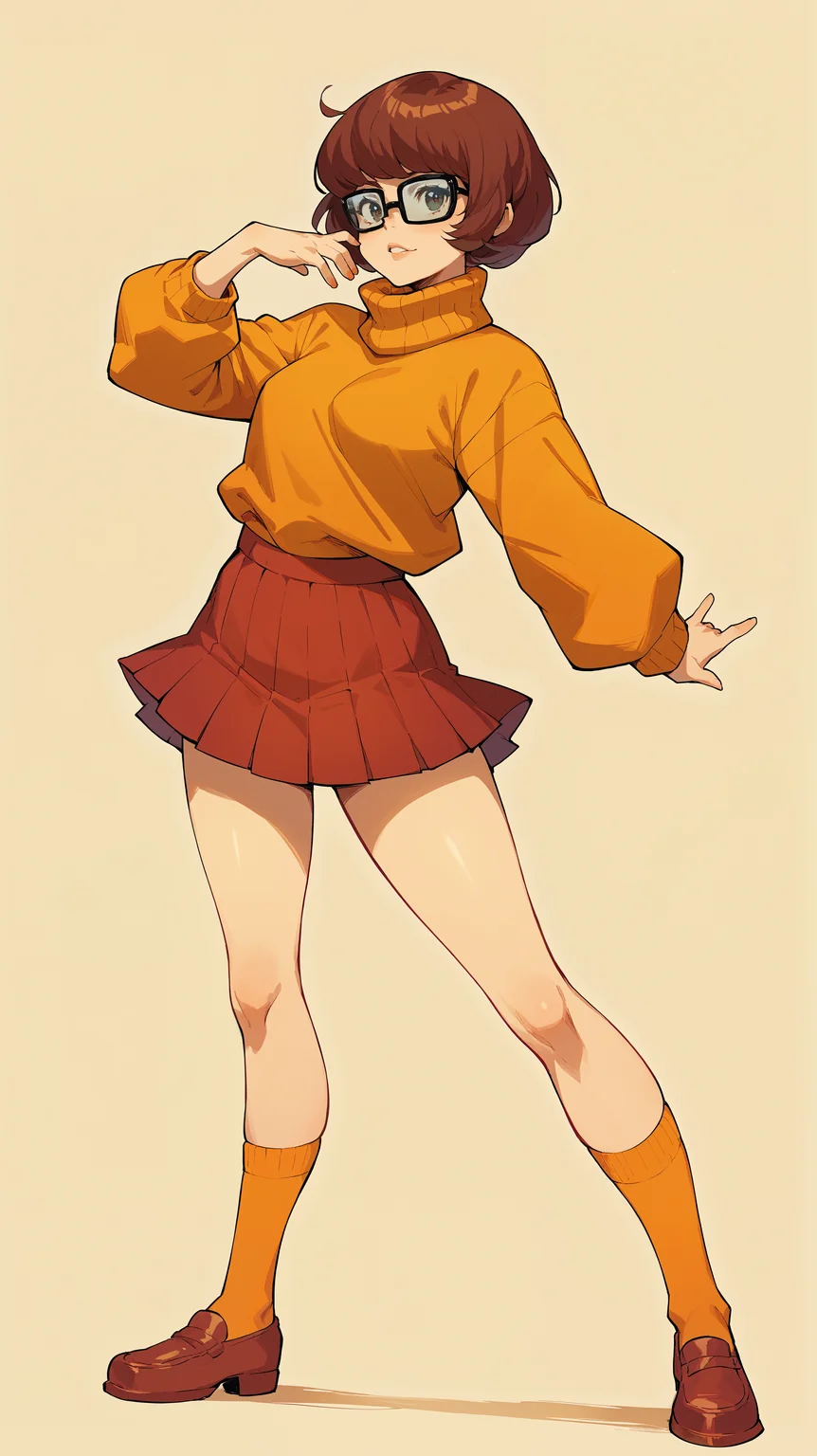 score_9,score_8_up,score_7_up,score_6_up, source_anime, girl, dynamic pose, standing in an s-shape, <lora:Crestyle_epoch_9:0.7>, crestyle, artstyle, velma dinkley, simple background,