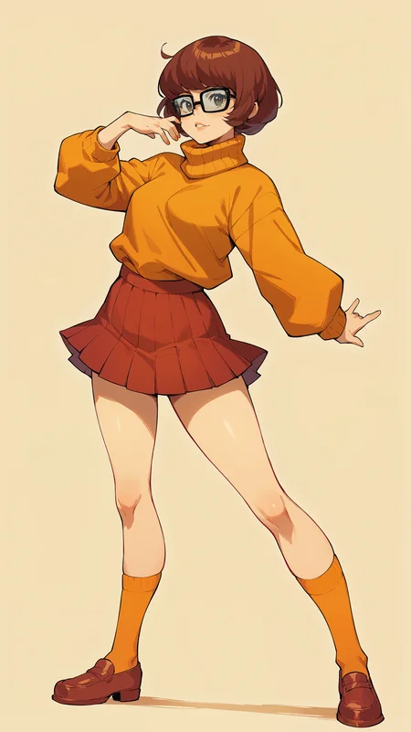 score_9,score_8_up,score_7_up,score_6_up, source_anime, girl, dynamic pose, standing in an s-shape, <lora:Crestyle_epoch_9:0.7>, crestyle, artstyle, velma dinkley, simple background,
