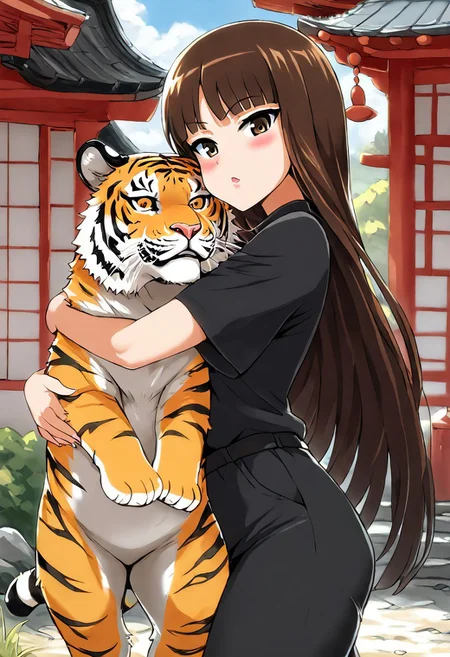 score_9, score_8_up, score_7_up, score_6_up,
BREAK <lora:p3tl0v3XLP:1> p3tl0v3, 1girl, <lora:shihoNishizumiXL_LoRA-C3Lier_AdamW_Dim8_Alpha8_UN-3e-4_TE-1.5e-4_10batch_ponyDiffusionV6XL_v6StartWithThisOne:1>, nishizumi shiho, 1girl, brown hair, long hair, straight hair, blunt bangs, black shirt, black pants, brown eyes, hugging a tiger, outdoors, standing behind traditional japanese house, detailed background, <lora:AsanagiP:0.8>, AsanagiP,