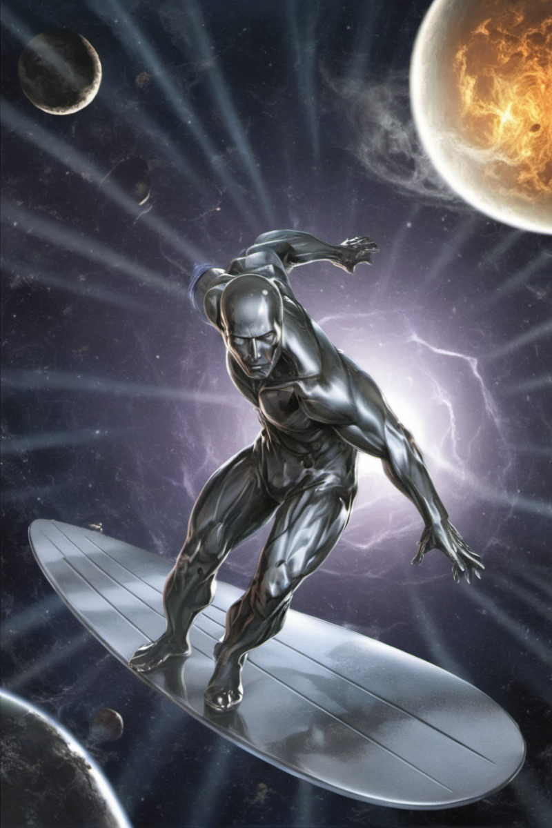a silver sufer surfs in space, blackhole swallowing the earth in the background <lora:SilverSurfer1024:0.8>