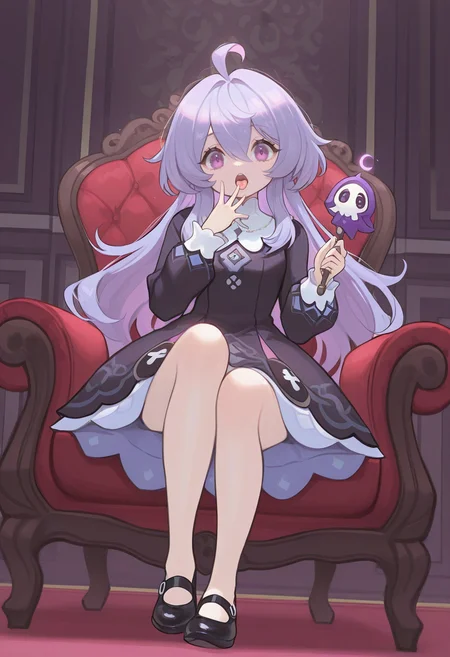 masterpiece, best quality, <lora:Alpaca:1> 4lp4c4, 1girl, long hair, dress, holding, shoes, ahoge, tongue, open mouth, sitting, bangs, purple hair, long sleeves, hair between eyes, black footwear, looking at viewer, purple eyes