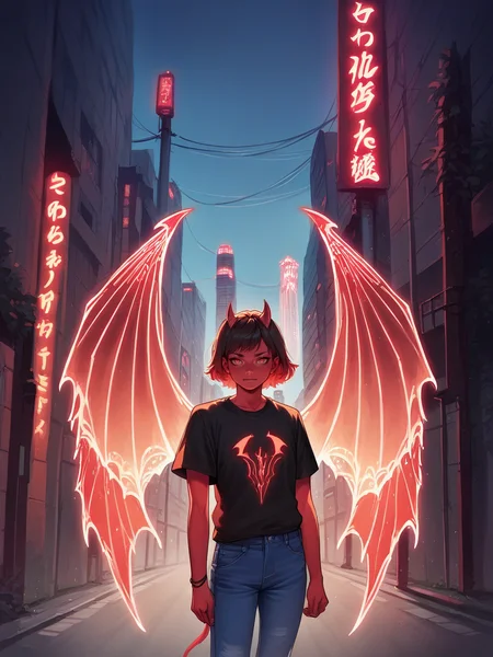 score_9, score_8_up, score_7_up, score_6_up, score_5_up, source_anime, <lora:n30nw1ngsXLP2:0.8> n30nw1ngs, neon light wings, wings, demon, cityscape, jeans, t-shirt,