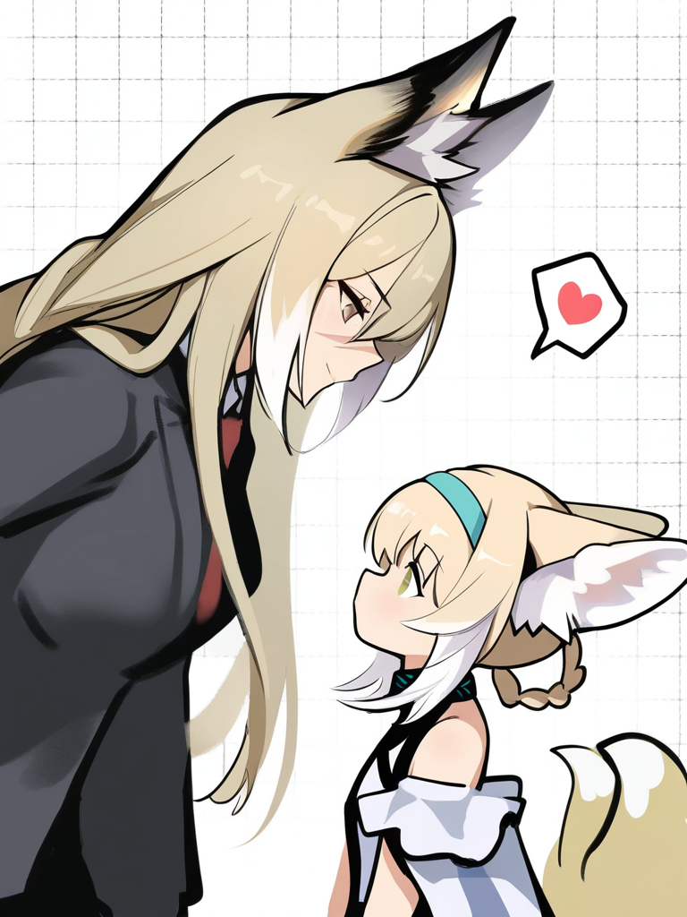 masterpiece, best quality, very aesthetic, highres, absurdres,(miurahha, bacius, ririko \(fhnngririko\):0.4), <lora:vulpisfoglia:1>,fox girl, suzuran (arknights), grid background, aqua hairband, red necktie, spoken heart, animal ear fluff, scar on face, white background, looking at another, child, profile, 2girls, age difference, black suit, suit jacket, sketch, black jacket, multiple tails, braided hair rings, mother and daughter, vulpisfoglia (arknights), detached sleeves, upper body