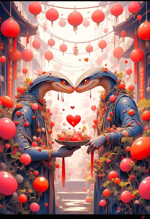 Two strange but cute snakes celebrate their wedding in Tokyo, they look at each other lovingly, love is in the air, anime, 2d, flat illustration, flat color, niji_flux