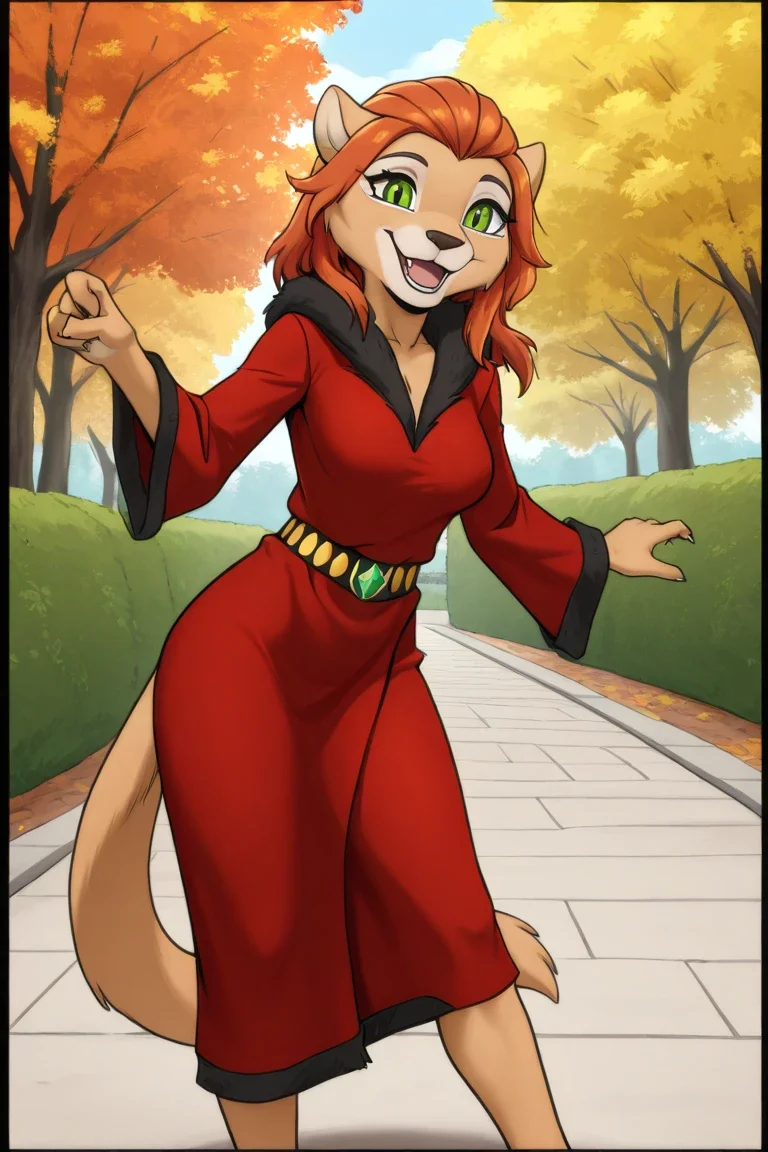masterpiece, best quality, amazing quality, very aesthetic, high resolution, ultra-detailed, absurdres, newest BREAK 1girl, solo, katrina, anthro, furry female, green eyes, orange hair, katrina red robe, standing, looking at viewer, open mouth, smile, happy, outdoors, park