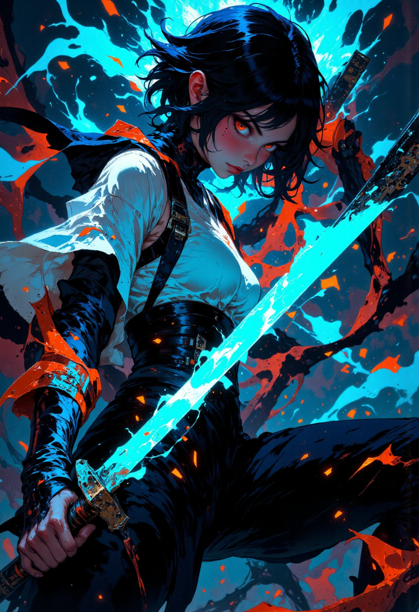 mythp0rt, A woman in black pants and a white top wields a glowing blue katana. Her short black hair partially obscures her intense, red-eyed gaze. Sparks and embers fly around her in the dimly lit, blurred background. Anime style, high contrast, and saturated colors.
<lora:Anime v1.3:0.5> <lora:VividlySurreal:0.5> <lora:FLUX-daubrez-DB4RZ-v2:0.45> <lora:FluxMythP0rtr4itStyle:0.7>