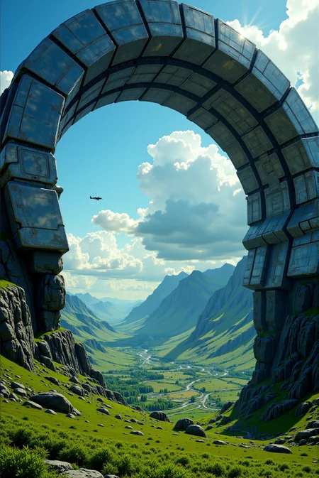 <lora:Legacy_of_the_forerunners_v.2:0.75>
An immense and awe-inspiring megastructure arcs across the sky in colossal sweeping layers, forming titanic, terraced shelves that stretch beyond the horizon and curve overhead like the ribs of a god, merging technology and terrain in surreal harmony. Each layered stratum of the structure reveals intricate paneling and geometric detailing, a fusion of advanced alien architecture and ancient monolithic strength, resembling the segmented plating of an interstellar vessel fossilized into the landscape. Beneath its towering canopy, a sprawling emerald valley flourishes in radiant sunlight, its vibrant patchwork of meadows, rivers, and cultivated fields framed by undulating hills and mist-veiled mountains. Shadows from the colossal arcs streak across the terrain, creating dramatic contrasts of light and form, while a single small aircraft sails beneath the upper tier, emphasizing the immense scale and serenity of the scene. Puffy cumulus clouds hover in the blue skies, casting soft reflections onto the weathered metallic surfaces above, suggesting a balance between nature and machine. The scene captures a sense of ancient permanence and planetary transformation, as though this structure serves not only as a habitat but as a relic of a civilization so vast it bent nature into its architecture, crafting a world within a world where the line between organic landscape and constructed megastructure is beautifully indistinguishable.