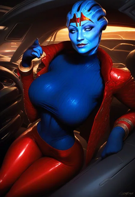 score_9, score_8_up, score_7_up,samara1, 1girl, alien, light-blue eyes, golden cuffs, without ears, samara1, mature,old milf,without eyebrows, without hair, standing, black elbow gloves, seductive smile, red skintight sweater, gold buttoned up jacket, red tiara, extremely detailed,black miniskirt,blue skin,toned body,large breasts, tight red pants without pockets, oiled body, shiny body, narrow waist,red thigh high boots, blue undershirt,smirking,car,sitting on car hood