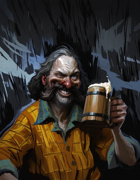 masterpiece, painting \(medium\), best quality, highres, (traditional media:0.6), highly detailed,realistic,
1boy, black beard, mustache, black hair, grey hair, blue eyes, uneven eyes, upper body, flannel shirt, old man, wrinkled skin, evil grin, holding beer mug, painterly, abstract background, colors, surreal, nature,
style of disco elysium, outdoors, <lora:DiscoElysium Illustrious 0.1:1>