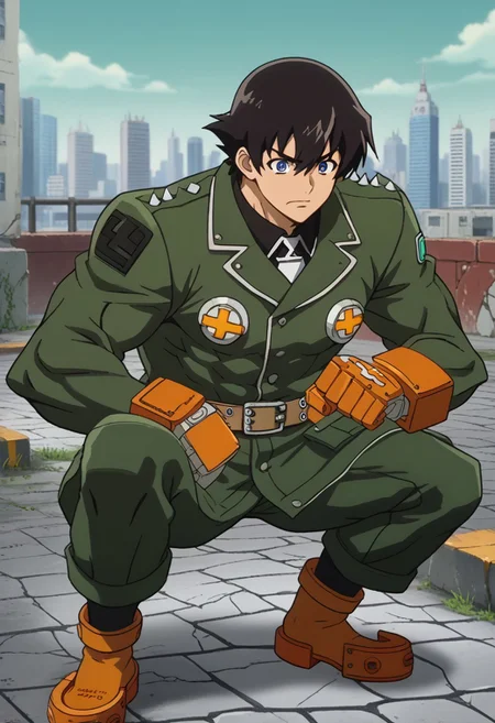 score_9, score_8_up, 1boy, yukiteru_amano's head, ggstpot's body, source_anime, anime screencap, anime coloring, 2d, zPDXL2, black hair, blue eyes, short hair, hair between eyes, huge male, ultra-muscular male, no helmet, green jacket, pants, boots, gauntlets, belt, spikes, outdoors, detailed background, cityscape, torn up pavement, cracked pavement, dynamic entry, crater, destroyed pavement, superhero landing, fist hitting the ground, impact frame, goofy expression, confident