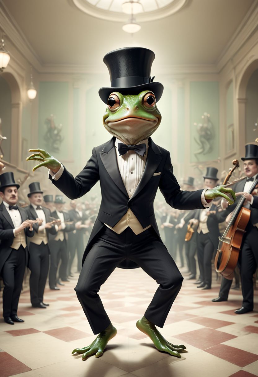 A surreal mind image of a frog dancing in a musical movie, wearing a top hat and tuxedo