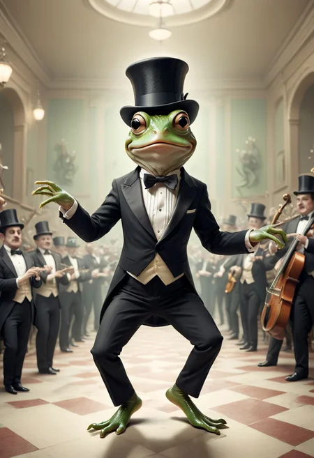 A surreal mind image of a frog dancing in a musical movie, wearing a top hat and tuxedo