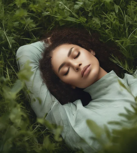 A woman with grass and leaves, sleep at the forest, realistic photo, professional photo <lyco:SDXL_Grass_on_body_Test_Sa_May:1.0>