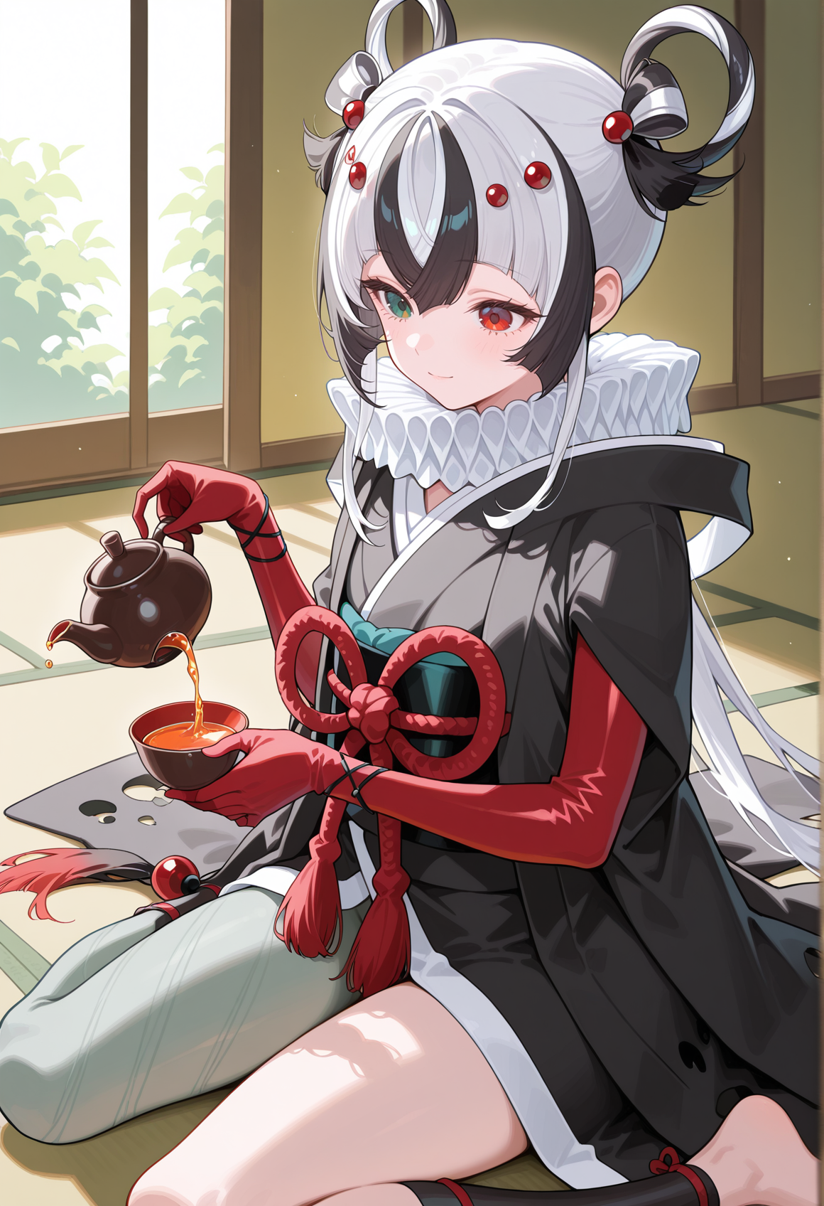 1girl, arthropod girl, multicolored hair, black hair, white hair, very long hair, hair ring, heterochromia, red eyes, green eyes, asymmetrical legwear, japanese clothes, kimono, white collar, elbow gloves, red gloves, wariza, indoors, japanese tea cup, pouring, light smile, holding teapot <lora:kashin_koji_illus:1>, masterpiece, best quality, amazing quality, very aesthetic, absurdres, highres, newest