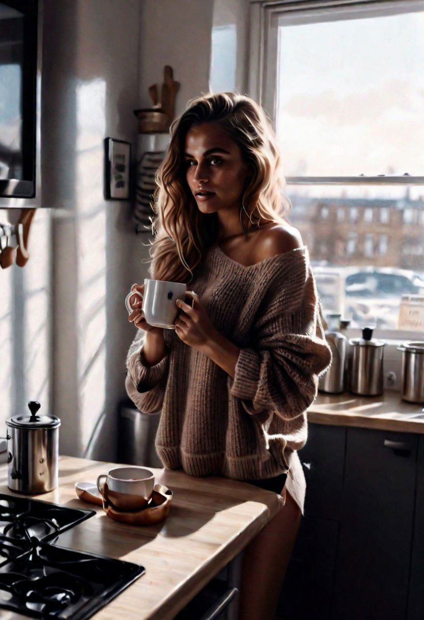Ultra Realistic, girl, glam, in the kitchen, morning, chilling , shadows,  holding a mug, wide sweater