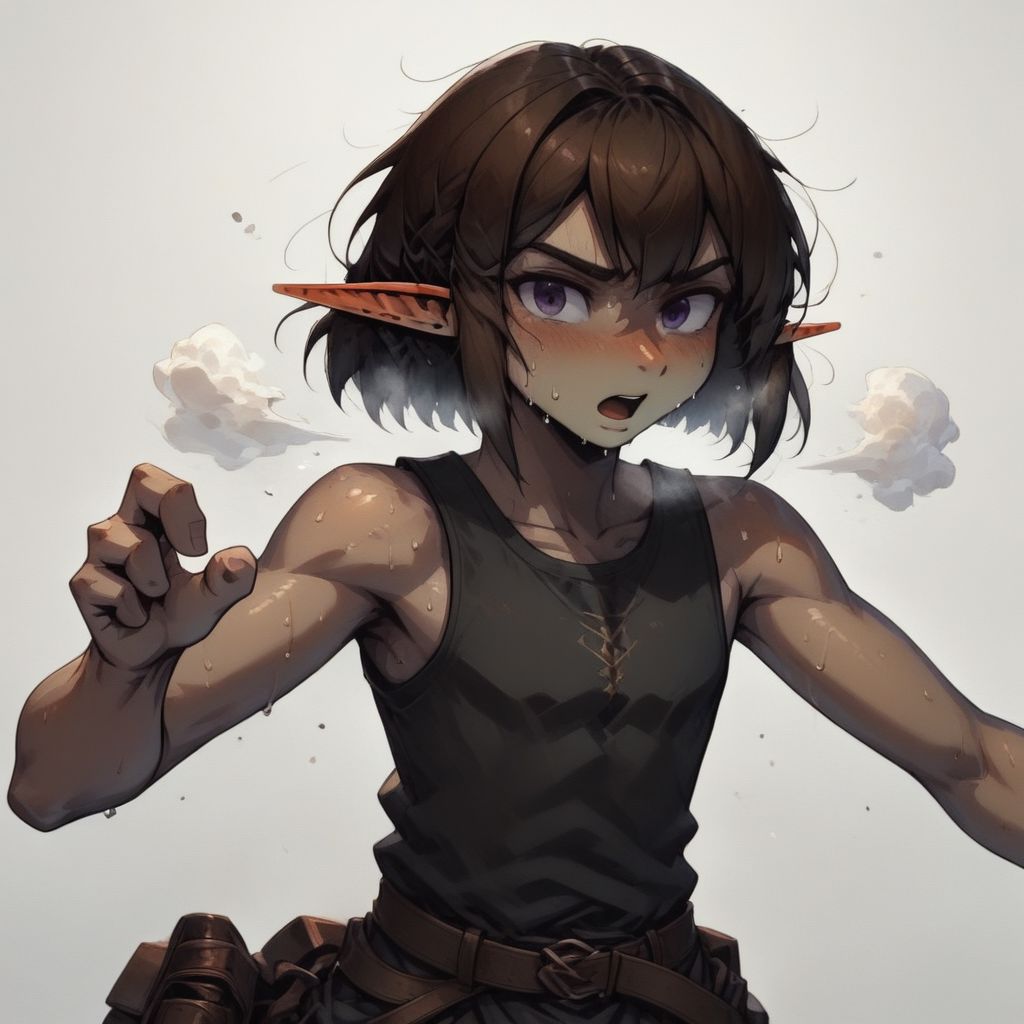 ASCIILapanya, 1 person, 3/4 view, solo, wary expression, open mouth, breathing heavily, sweat, pointy ears, snout nose, flat chest, olive-tone skin, tall, square jaw, violet irises, dark brown hair, mid-length hair, straight bob haircut parted in the middle, athletic build, small nostrils, 3 fingers 1 thumb, black sleeveless tunic, brown breeches, belt, fully clothed, fighting stance, fists raised, clean lines, highly detailed, high quality, best quality,  rating: safe