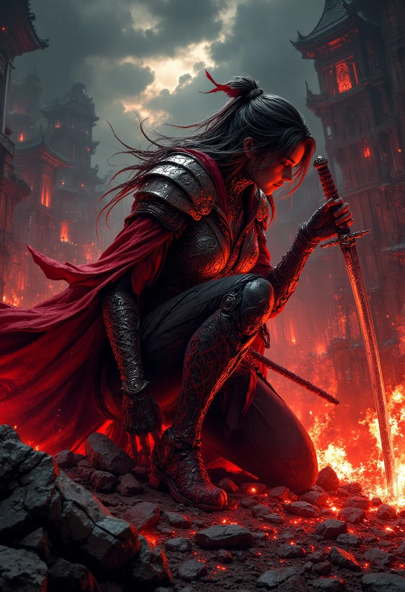high detail,masterpiece,4K resolution, sharp, anime illustration of a Spawn cinematic Action Scene of a woman. she is looking like Mulan. her traditional warrior armor has been transformed into dark, metallic red and black armor that fuses with Spawn’s iconic look. Her sword is now covered in glowing runes, and her armor is enhanced with spiked shoulder pads and clawed gauntlets. Her hair is loosely tied back, but with streaks of glowing crimson running through it. she is crouched low, mid-battle, with her sword raised and ready to strike. Black energy swirls around her. Her expression is intense, showing her fearless warrior spirit as she prepares for combat.A burning battlefield with ruins of an ancient palace behind her. The ground is littered with broken weapons and smoldering fires. Dark, smoky clouds hang low in the sky, illuminated by flashes of red lightning, creating a sense of chaos and destruction in the scene