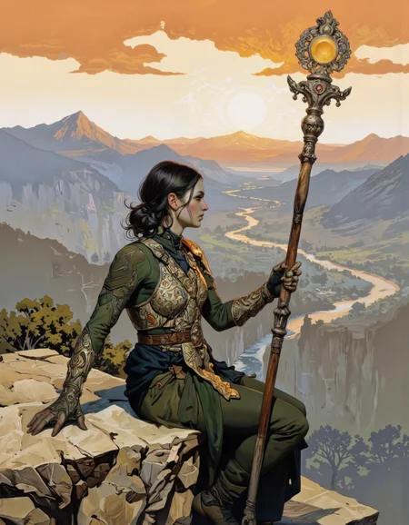 By Phandigrams. This is a highly detailed digital illustration depicting a fantasy scene. The central figure is a female elf with pale skin and dark, wavy hair, wearing intricate, ornate green armor that covers her torso and arms. She is sitting on a rocky ledge, gazing out at a vast landscape. Her pointed ears and elfin features are prominent. In her right hand, she holds a tall, ornate staff with a complex, decorative top that emits a warm, golden light. The staff appears to be made of metal and wood, with intricate, almost medieval designs.
The background showcases a serene, expansive landscape with a river winding through a valley, bordered by distant mountains under a gradient sky that transitions from a warm orange at the horizon to a soft blue as it rises higher. The rocky ledge she sits on is textured, with rough, jagged edges and a light beige color. The overall color palette is muted, with earthy tones and subtle gradients that enhance the serene and mystical atmosphere of the scene. The style is realistic with a touch of fantasy, blending elements of traditional fantasy art with modern digital techniques. <lora:Phandigrams:0.85>