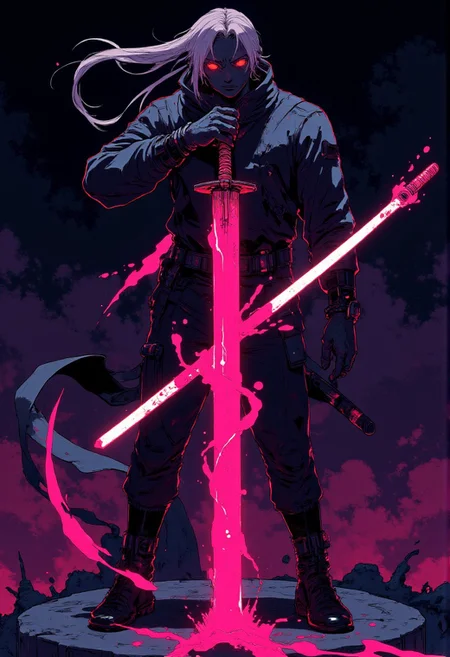 A dynamic and intense anime-style illustration featuring a colossal Dragon Samurai. The character towering and muscular, with long white hair tied in a ponytail, and glowing yellow eyes that pierce the darkness. He holds a katana in front of his face, the blade intricately etched with a red glowing dragon that seems to writhe and swirl along its length. Abstract splashes of purple and white energy swirl around, creating a sense of motion and raw power. The overall composition is dramatic, with sharp, angular lines and bold contrasts between the dark background and the vivid purple and white accents. The style is inspired by high-energy action scenes in manga or anime, with an emphasis on minimalistic colors and a high-impact, modern aesthetic. The atmosphere is dark, electrifying, and filled with a sense of impending action.