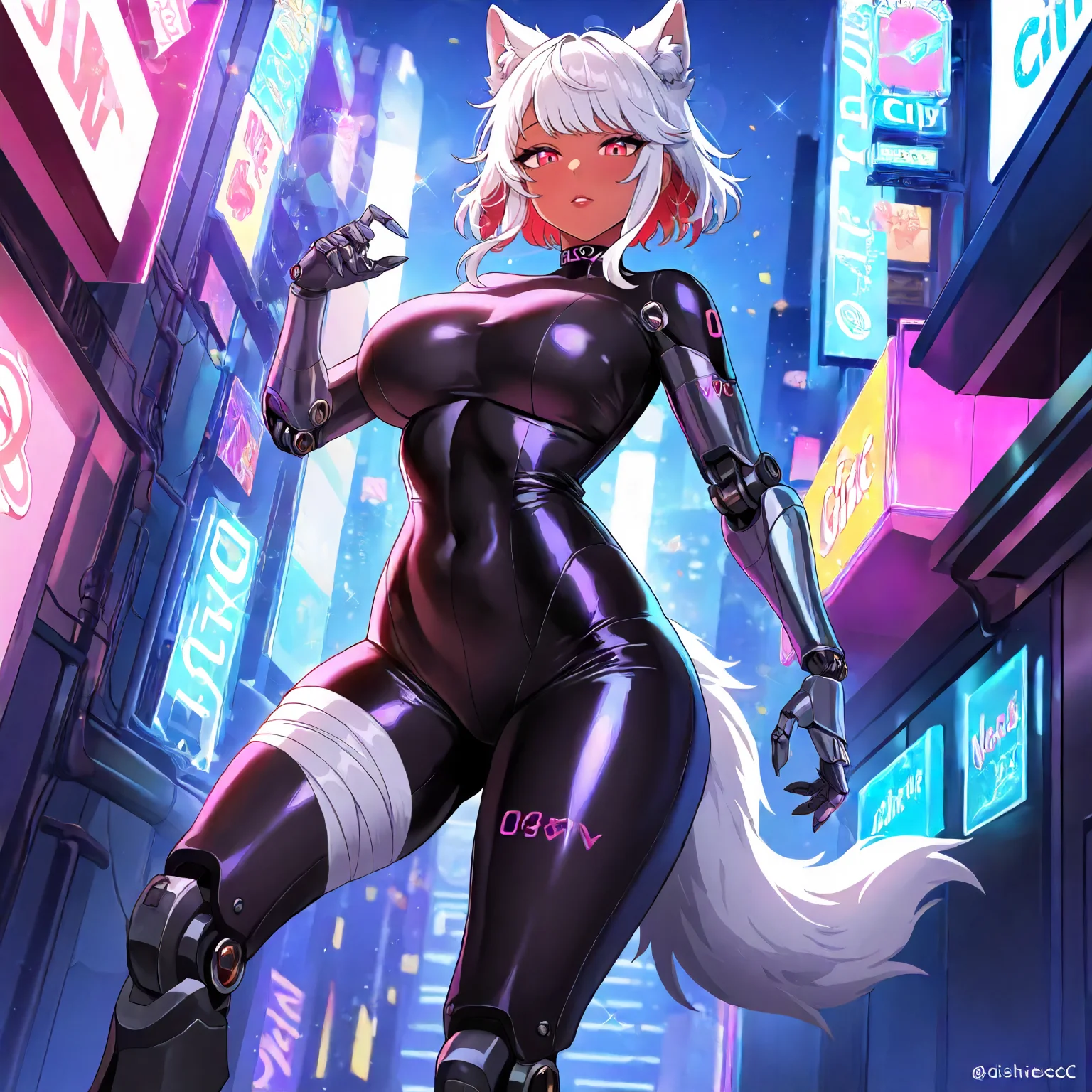 <lora:OCC_WolfiesOCCXLIllustrious005>,
masterpiece,best quality,good quality,newest,
detailed background,future city,neon,city light,lens_flare,glitter,
looking at viewer,
solo,
WolfiesOCC,1girl,wolf ears,white hair,short hair,hair with hidden ears,disheveled hair,long sidelocks,sidelocks,red eyes,gradient eyes,lips,tan,
large breasts,
mechanical arms,mechanical legs,leg bandage,wolf tail,glitter,
choker,
black body suit,number tattoo,
standing,
