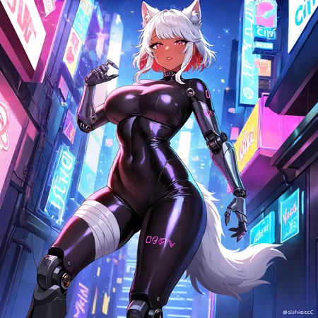 <lora:OCC_WolfiesOCCXLIllustrious005>,
masterpiece,best quality,good quality,newest,
detailed background,future city,neon,city light,lens_flare,glitter,
looking at viewer,
solo,
WolfiesOCC,1girl,wolf ears,white hair,short hair,hair with hidden ears,disheveled hair,long sidelocks,sidelocks,red eyes,gradient eyes,lips,tan,
large breasts,
mechanical arms,mechanical legs,leg bandage,wolf tail,glitter,
choker,
black body suit,number tattoo,
standing,