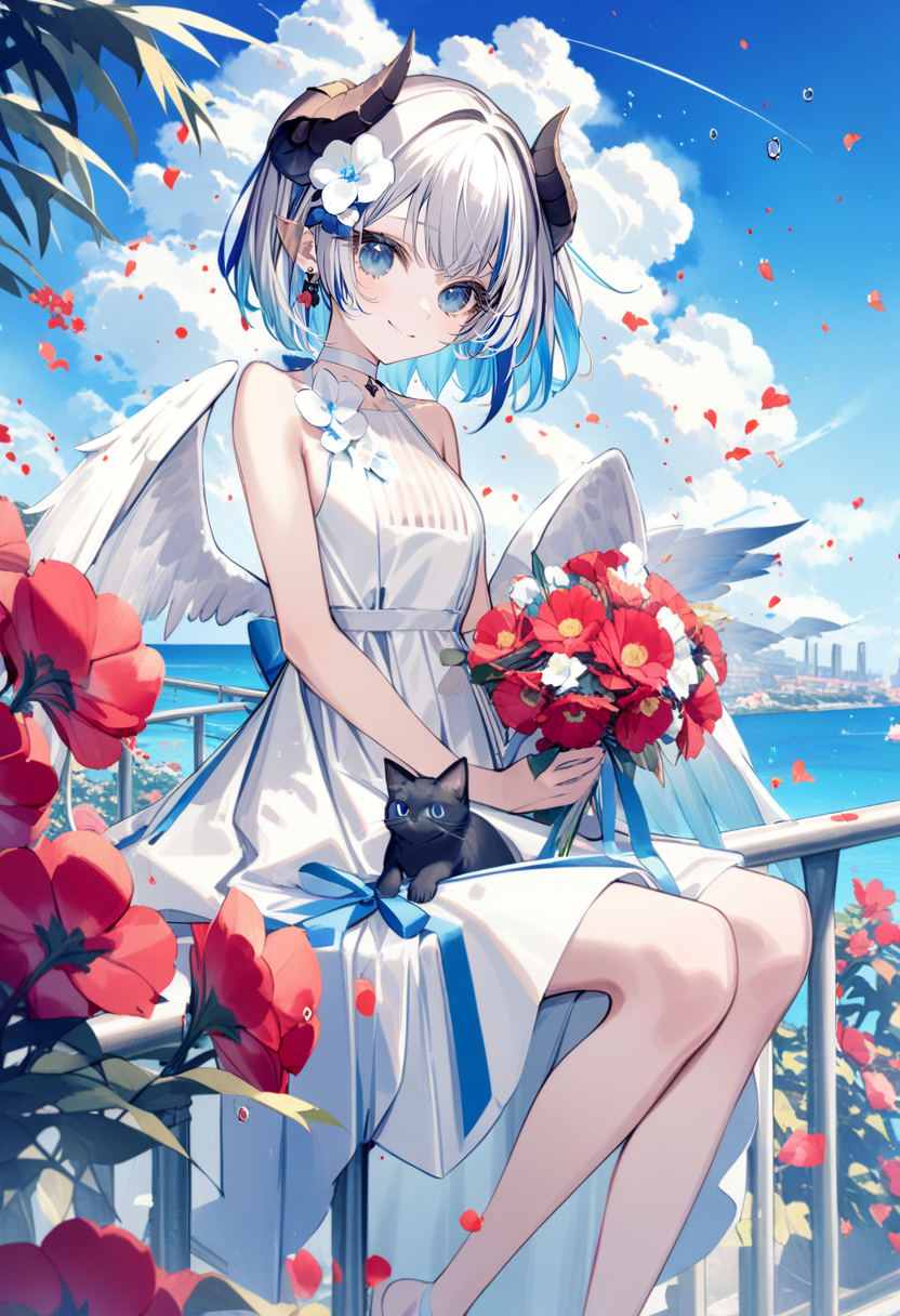 masterpiece, best quality, <lora:yoggiXL_ANI31_lokr_V43P1:0.95>  1girl, cat, dress, flower, sky, blue eyes, white dress, cloud, bouquet, blue sky, wings, petals, multicolored hair, solo, holding, horns, railing, hair ornament, outdoors, day, holding bouquet, looking at viewer, short hair, hair flower, bare shoulders, black cat, sitting, virtual youtuber, animal, smile, white cat, on railing, jewelry, white hair, feathered wings, blue hair, two-tone hair, water drop, ribbon, closed mouth, sleeveless dress, earrings, grey hair, sleeveless, red flower, gradient hair, cloudy sky, bow, choker, bubble
