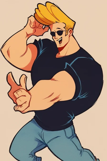 score_9, score_8_up, score_7_up, rating_safe,
br4v0, 1boy, blonde hair, black tshirt, glasses, sunglasses, short hair, elvis hair, cool pose, <lora:Johnny_Bravo_-_br4v0_pony_R0:1>