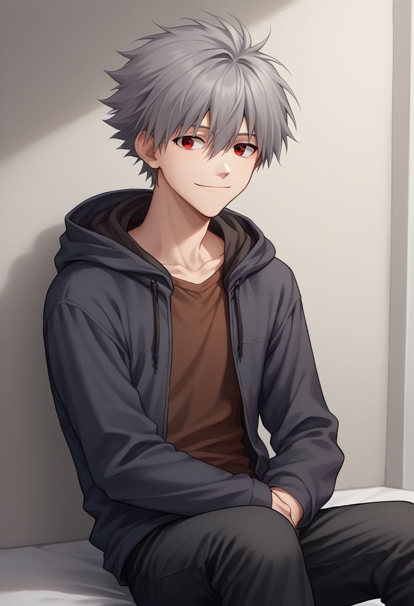 score_9, score_8_up, source_anime, highly detailed, 1boy, solo, male_focus, skinny,
kaworu, 1boy, male focus, solo, red eyes, grey hair, smile, 
 black pants, hoodie, hood, hood up,
indoor, sit,