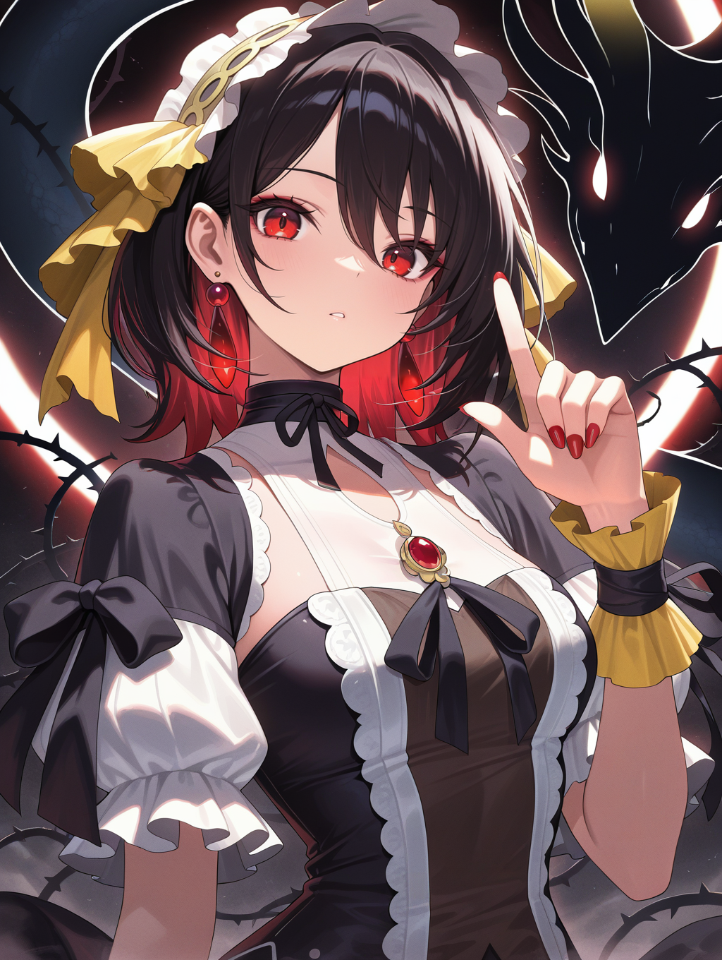 1girl,solo,looking at viewer,index finger raised,upper body,nail polish,solar eclipse,dark theme,thorns,red earrings,black dragon,black princess dress,yellow hairband,yellow short sleeves,
masterpiece,best quality,amazing quality,very aesthetic,absurdres,newest,<lora:underworld goddess of the closed world illuXL v1:0.75>,
