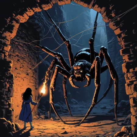She guides the torch toward the corner, revealing a web-laden alcove. Suddenly, her eyes widen as she witnesses a massive black spider, the size of a car, perched ominously, its glossy body glinting in the torchlight, with legs sprawling grotesquely across the ground.