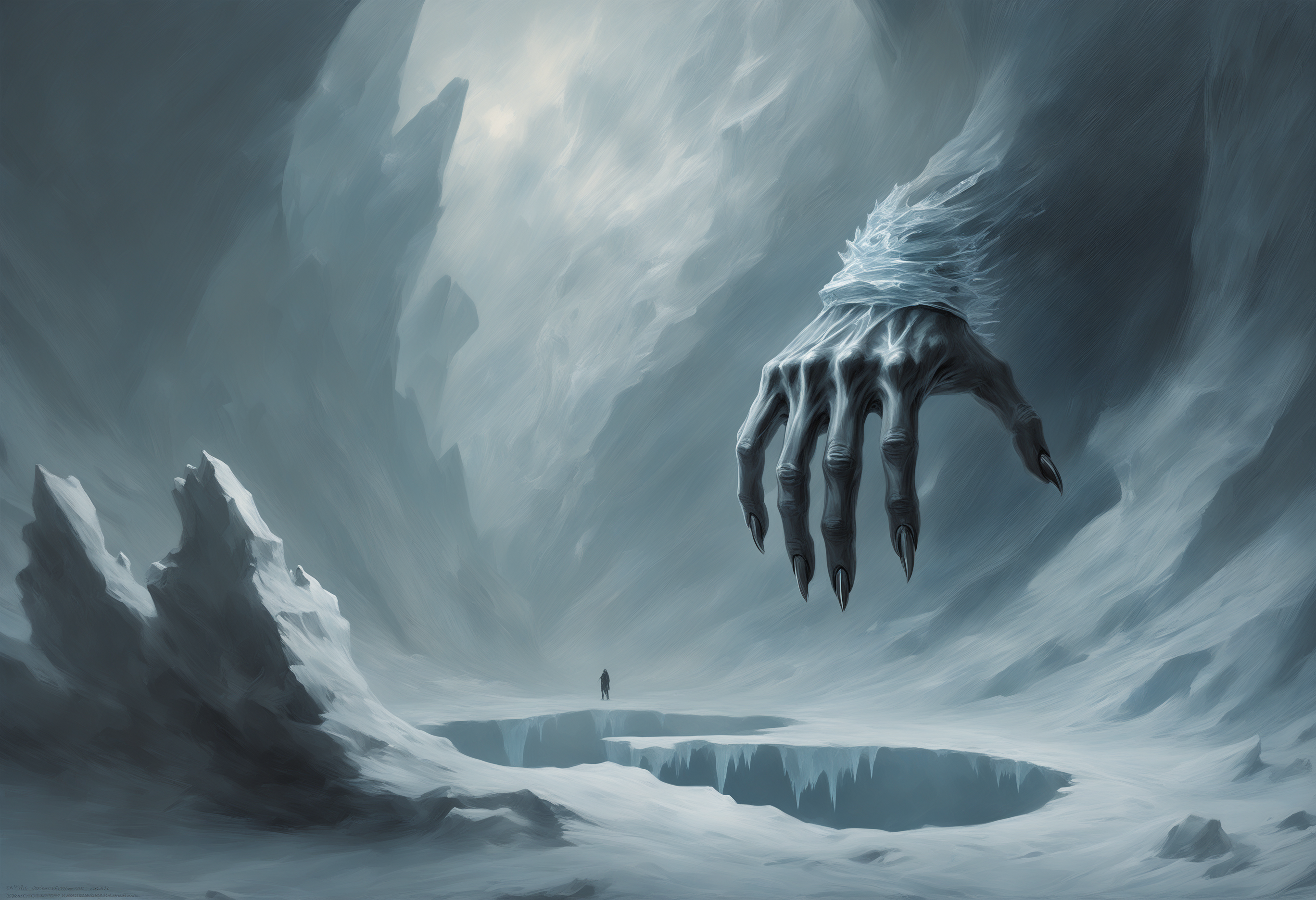 The monochromatic painting depicts a colossal, bony hand emerging from an icy abyss. The hand is deformed and adorned with long, sharp claws. The background is dominated by ice and snow, creating a cold and hostile atmosphere. The hand appears to be breaking through the reflective surface of the ice, hinting at a massive creature lurking beneath. A blizzard rages on, adding to the intensity, while the snowstorm envelops the scene, making the hand's emergence even more dramatic.