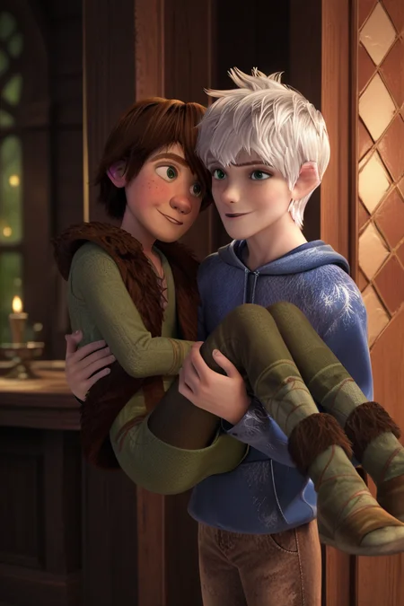 score_9, score_8_up, score_7_up, score_6_up, masterpiece, best quality, amazing quality, best aesthetic, absurdres, intricate details, detailed face,
2 boys,
jack frost, white hair, blue eyes, smile, hiccup, brown hair, green eyes,princess carry, blush<lora:EMS-436752-EMS:1.000000>, <lora:EMS-413232-EMS:0.800000>