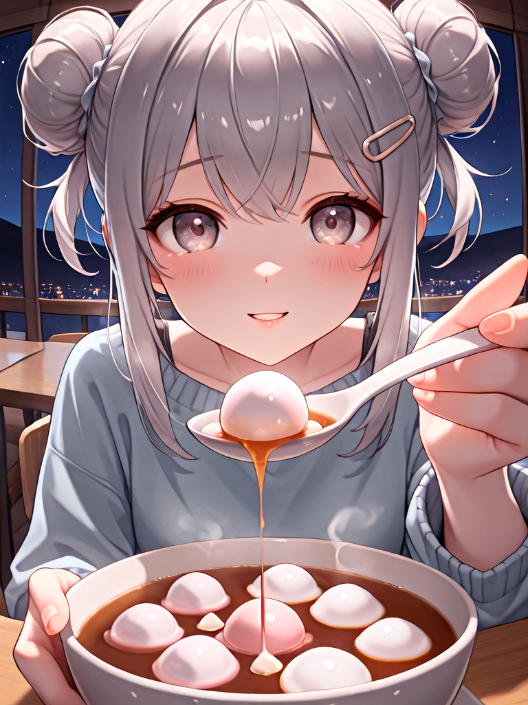 absurdres, explicit, tangyuan feeding, incoming food, blurry foreground, fisheye, pov, 1girl, shy, smile, holding spoon, hand up, sitting, soup, table, steam, steaming food, close-up, foreshortening, reaching towards viewer, double bun, grey hair, hairclip, parted lips, milf, night, evening, <lora:girlliketangyuanfeeding_ilxl:0.8>