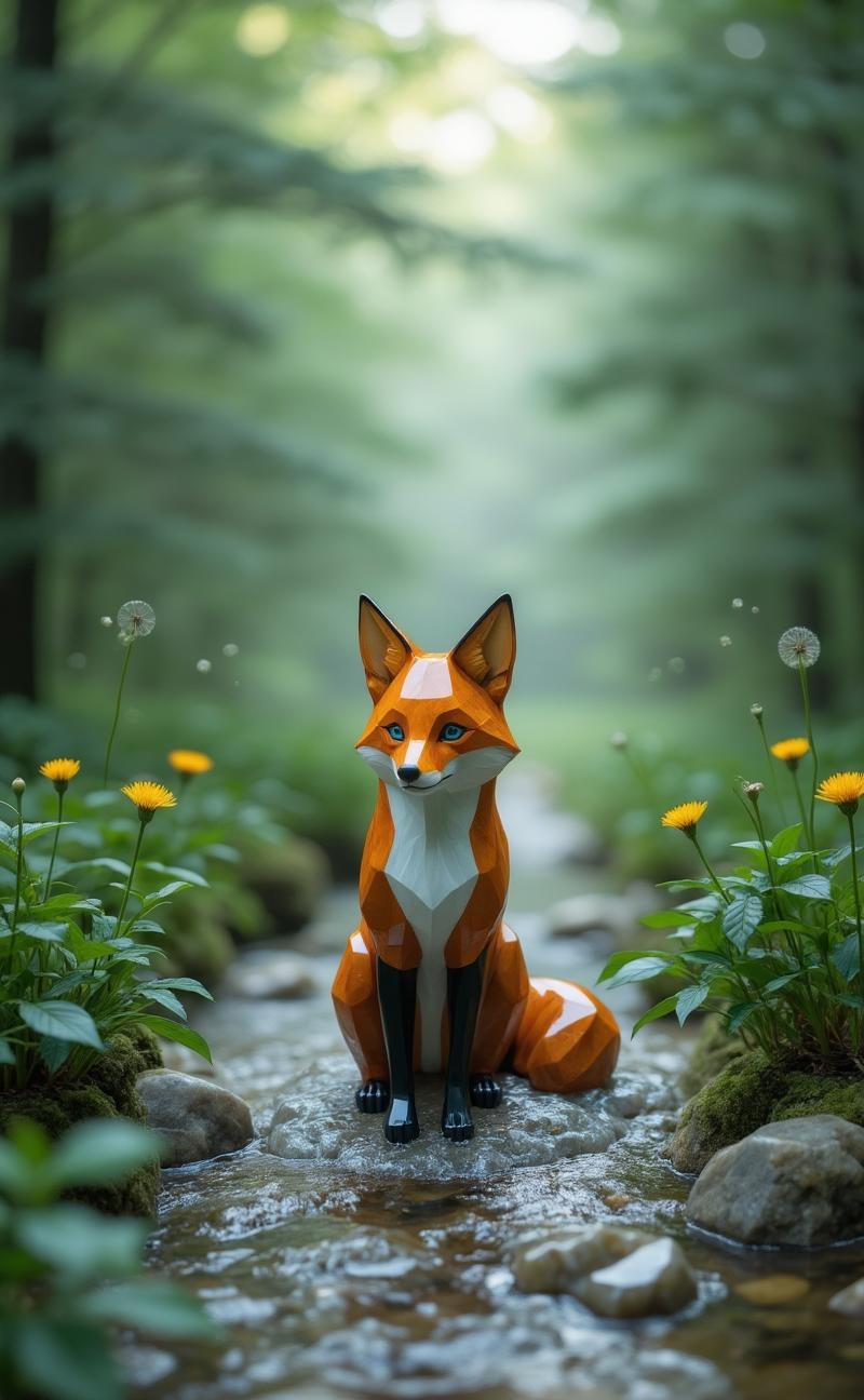 <lora:ck-polygon-gems-0019.safetensors:1> a crafted gemstone model in the style of cklg featuring a
In the early morning mist, a narrow creek bed winds through a lush, verdant forest. The water shimmers with a gentle, almost ethereal light, reflecting the dense green foliage that surrounds it. Standing in the shallow water, a red fox with a coat of deep reddish-orange fur, transitioning to a soft white on its chest, gazes intently at the viewer. Its sharp, piercing blue eyes, set against the misty background, exude a serene and almost otherworldly presence. The forest is alive with the soft rustling of leaves and the distant calls of birds, creating a tranquil symphony that enhances the serene atmosphere.
 Sparse yellow dandelions dot the forest floor, their delicate seeds floating in the air, carried by a gentle breeze. The soft focus of the scene emphasizes the ethereal quality, with the morning light filtering through the trees and casting a warm, inviting glow. The air is crisp and fresh, carrying the scent of damp earth and foliage, adding to the immersive and tranquil setting. The fox, a symbol of grace and resilience, stands in perfect harmony with its environment, its presence a testament to the beauty and serenity of the natural world.