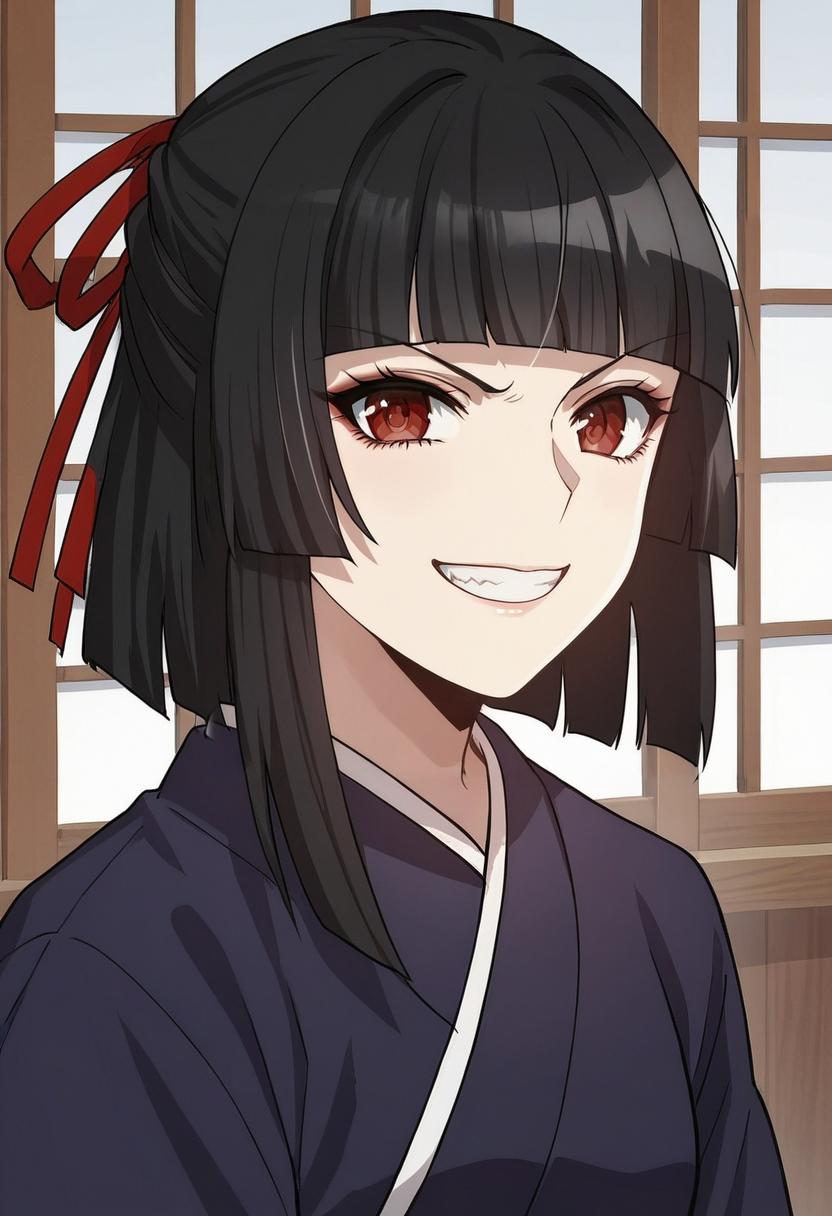 score_9, score_8_up, score_7_up, source_anime,anime screencap, anime coloring,intricate details,rating_safe,, masterpiece, best quality,
(best quality, absurd res, ultra detailed),1girl, ((solo)), good eyes,perfect eyes,,detailed eyes, ,detailed, detailed face, <lora:add-detail-xl:3>,
BREAK
<lora:Tang-Ah:0.8>, tang-ah, red eyes, black hair, bangs, hair ribbon, Japanese clothes, 
BREAK
solo, indoors, upper body,,
grin,clenched teeth, looking at viewer,