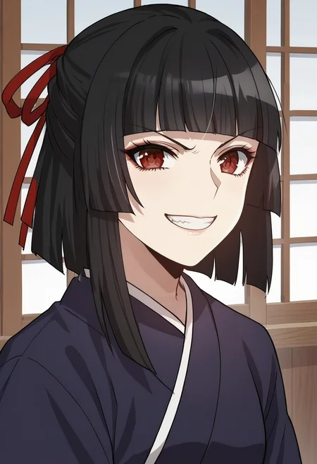 score_9, score_8_up, score_7_up, source_anime,anime screencap, anime coloring,intricate details,rating_safe,, masterpiece, best quality,
(best quality, absurd res, ultra detailed),1girl, ((solo)), good eyes,perfect eyes,,detailed eyes, ,detailed, detailed face, <lora:add-detail-xl:3>,
BREAK
<lora:Tang-Ah:0.8>, tang-ah, red eyes, black hair, bangs, hair ribbon, Japanese clothes, 
BREAK
solo, indoors, upper body,,
grin,clenched teeth, looking at viewer,