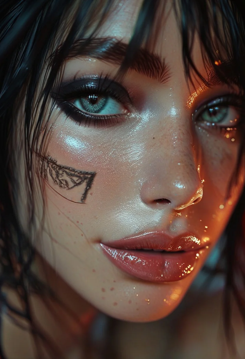 score_9, score_8_up, score_7_up, score_6_up, solo, 1girl, looking at viewer, lips, close-up, realistic, freckles, portrait, slight smile, makeup, black hair, tattoo on face, emo girl, egirl