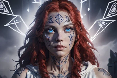bright red hair, human female, (feminine:1.7), (beautiful face, detailed face:1.6), (beautiful eyes, detailed eyes:1.7), (looking at viewer, eye contact, intense:1.6), (long hair, red hair, curly hair:1.3), , ((masterpiece, best quality, high resolution, realistic, best quality,)), photo realistic, Perfect Face, (detailed face). <lora:GoodHands-vanilla:0.6> <lora:add-detail-xl:0.8>, mage, (Dress White military uniform coat), dagger, rune dagger, glowing runes, , (((glowing magic symbols tattoos, religious tattoos))), ((face tattoos)), glowing tattoos, stone tower in the background
