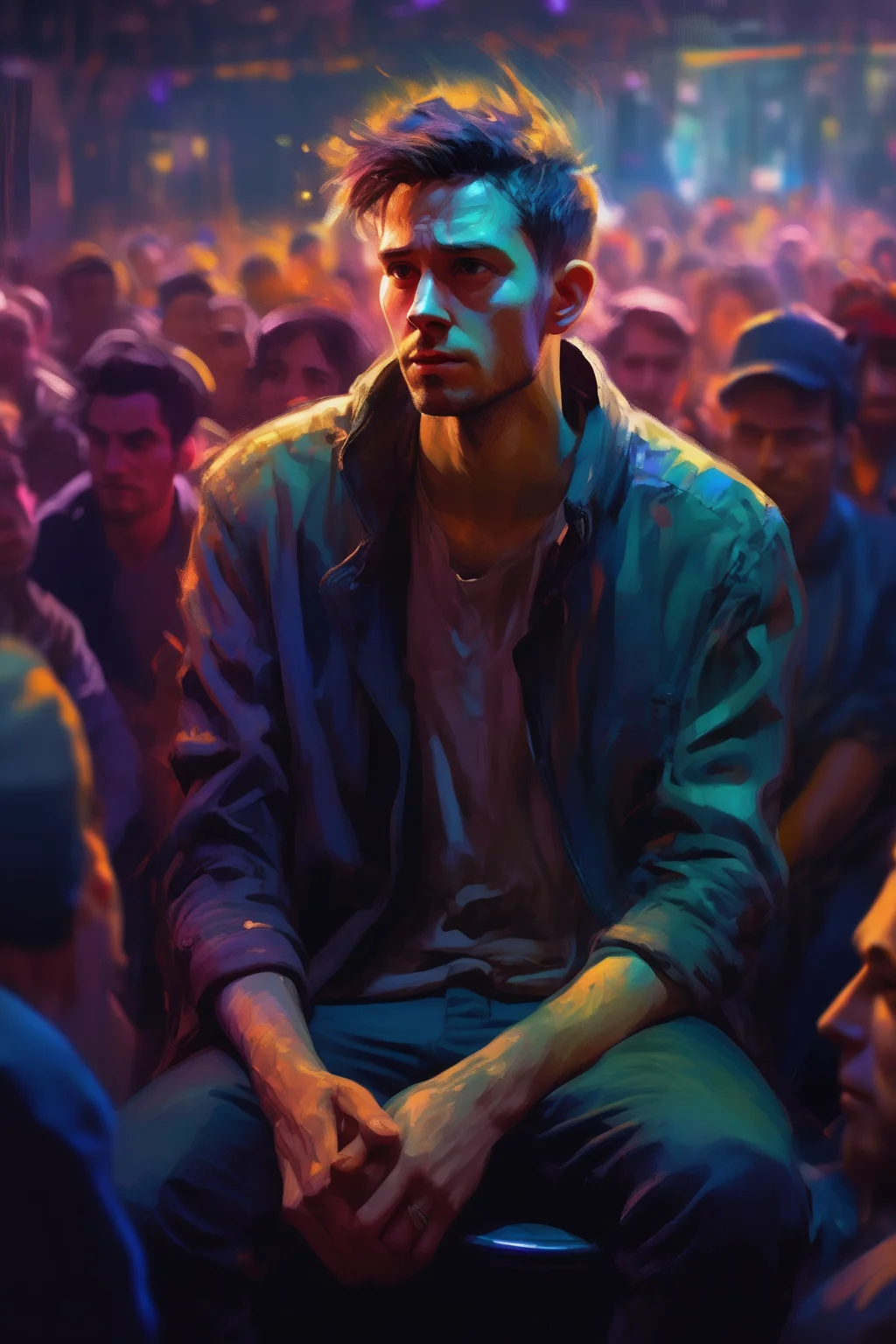 <lora:Sam Spratt Style:1>Sam Spratt Style - a man sits on a table in front of a crowd, in the style of speedpainting, stylized portraiture, realistic lighting, bold colors and brushwork, textural explorations, cypherpunk, character studies vivid color grading, soft shadows, clean sharp focus, 16K UHD, STUNNING DETAILS, film photography, fujifilm x100v camera with a 50mm prime f/1.8 S lens. bokeh. The camera settings were ISO 3200, f/2.8, 1/60s.