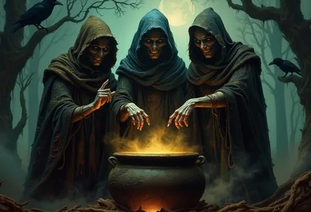 A dark and atmospheric painting of the three witches from Macbeth, portrayed in the dramatic chiaroscuro style of Rembrandt. The witches stand huddled together in a foreboding, moonlit forest, their faces illuminated by eerie light of the witches cauldron, casting deep shadows on their twisted features. Each different witch wears tattered, yet richly textured cloaks with intricate patterns of decay, adding a haunting elegance to their sinister appearance. Their long, gnarled fingers point toward a cauldron that bubbles ominously, the smoke swirling upwards, illuminated in the ghostly light. The background is shrouded in darkness, with only faint glimpses of twisted trees and ravens perched nearby, enhancing the supernatural mood. The scene captures the tension and menace of the witches' prophecy, blending Rembrandtâs mastery of light and shadow with a spine-chilling Halloween aesthetic, designed to captivate and unsettle    <lora:dark_fantasy_flux:0.6>
 <lora:frazetta_flux_v2:0.5>