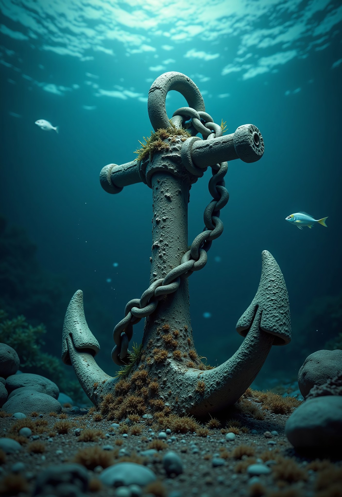 aidmaimageupgrader, a high quality digital image of an old intricately detailed anchor with part of a large chain attached rests partially embedded in the seabed, some plantlife has started to grow on it, some deep-sea fish are swimming nearby