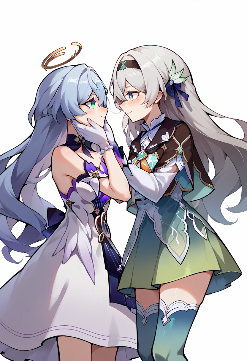 score_9, score_7_up, source_anime, 2girls, looking at another, 
BREAK light smile,   <lora:Char-HonkaiSR-Robin-Pony-V1:0.8> robin \(honkai: star rail\), head wings, halo, earrings, detached collar, sleeveless dress, detached sleeves, white gloves, blue pumps, hands on another's face, 
BREAK  <lora:ChamFireflyV2PonyXL:1> FireflyDefault, blue pupils, long hair, black hairband, hair ornament, brown capelet, frilled collar, white shirt, long white sleeves, green skirt, gradient thighhighs, blush,