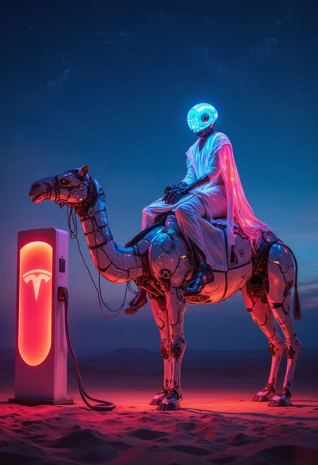 An illuminated Tesla robot wearing traditional Egyptian clothes sitting on an illuminated mechanical Tesla camel in the desert with a Tesla logo, plugged to a Tesla charging station, Colorful Desert Night, vibrant glow, dramatic lighting, extreme details, epic, 8k