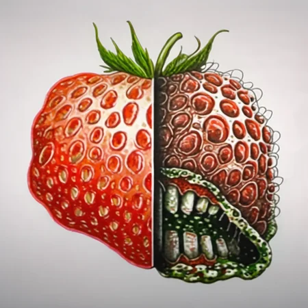 A drawing of a strawberry, in the style of JordanPersegati, (split style drawing), trypophobia, covered in slime, wrinkly, horror, white background <lora:Jordan_Persegati_Style:1>